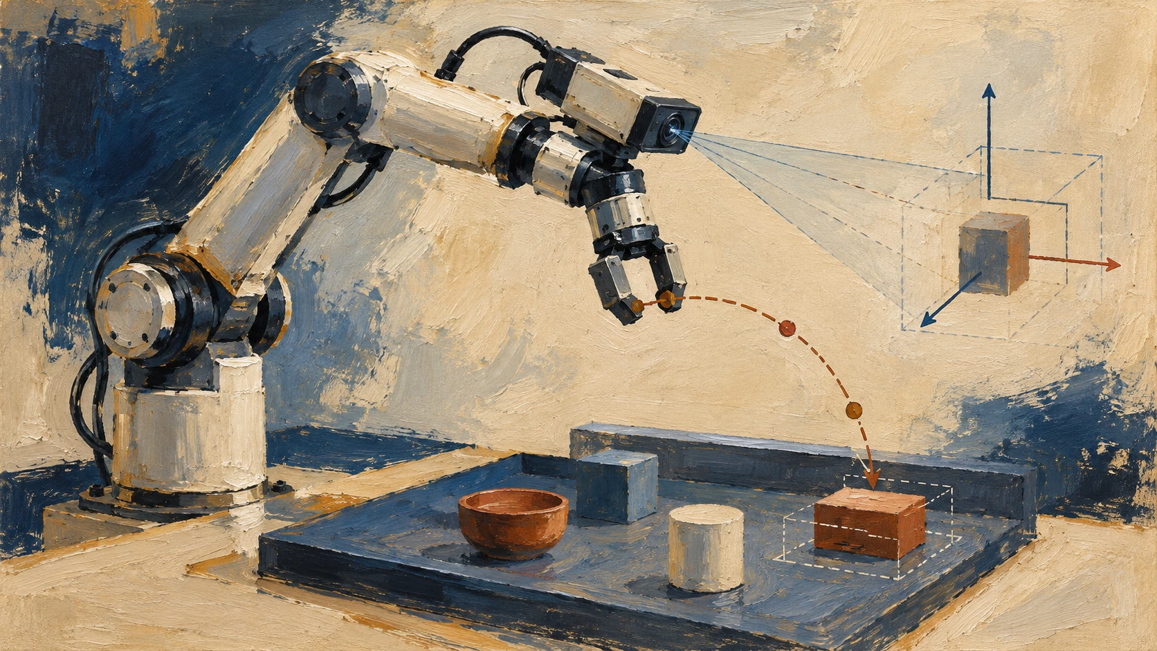 Oil-painted robot arm adapting observations and actions to a new setup